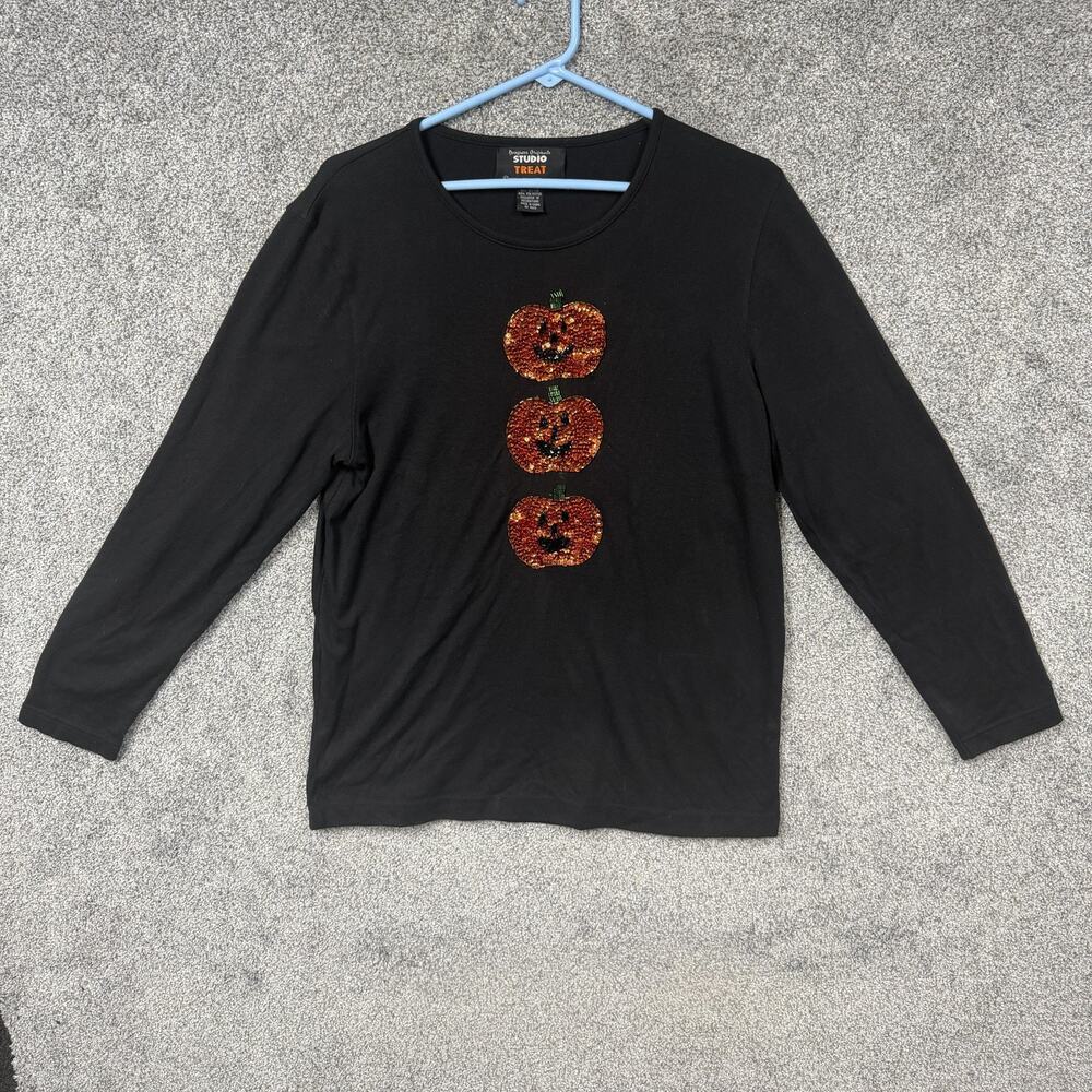 Vtg 90s Jack O Lantern Pumpkin Sequin Shirt L Studio Treat Halloween Kitsch Y2K